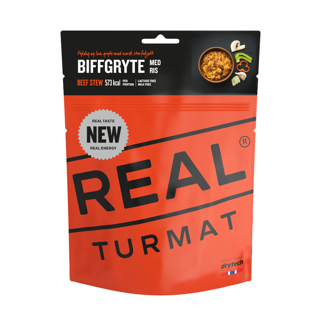 REAL Turmat Biffgryte Rinderragout mit Reis