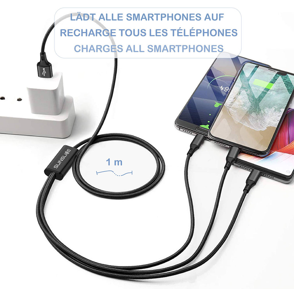SunSlice Trident Cable – 3-in-1 Ladekabel mit USB-C, Lightning & Micro-USB (1 m)